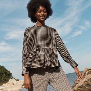 Madewell Button-Back Peplum Top in Mini Windowpane, Size Small